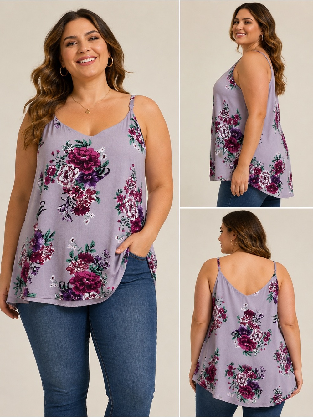 Torrid Sophie Purple Pink Floral Challis Swing Cami Tank Size 1 1X